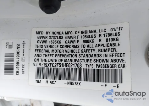 2017 Honda Civic Lx z USA, uszkodzony, nr VIN 19XFC2F51HE021703